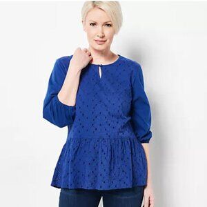Isaac Mizrahi Live! Eyelet Knit Mixed Blouse Royal Navy X-Small